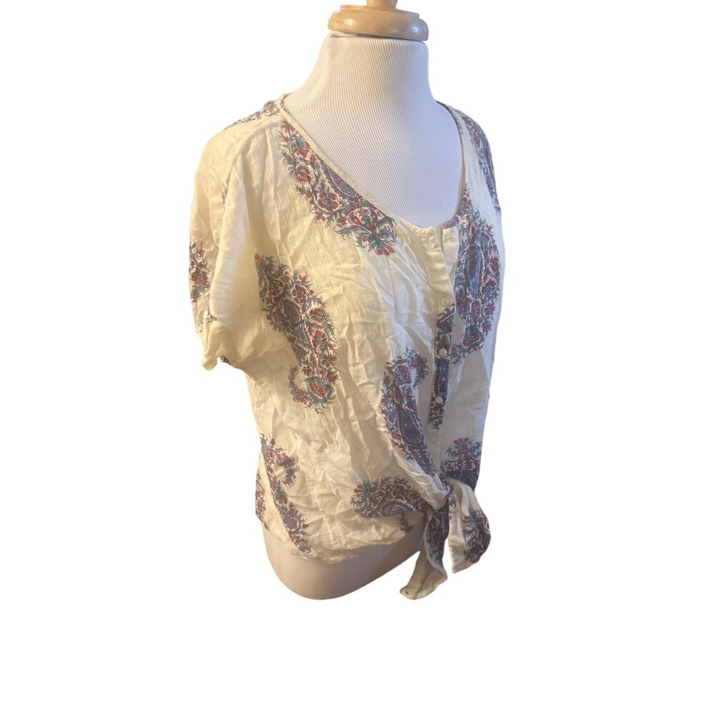 Women XL Peter Dunham for Lucky Brand Paisley Button Tie Front Blouse Shirt Top